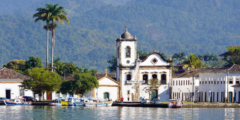 Paraty's old town with Santa Rita church seen form the sea